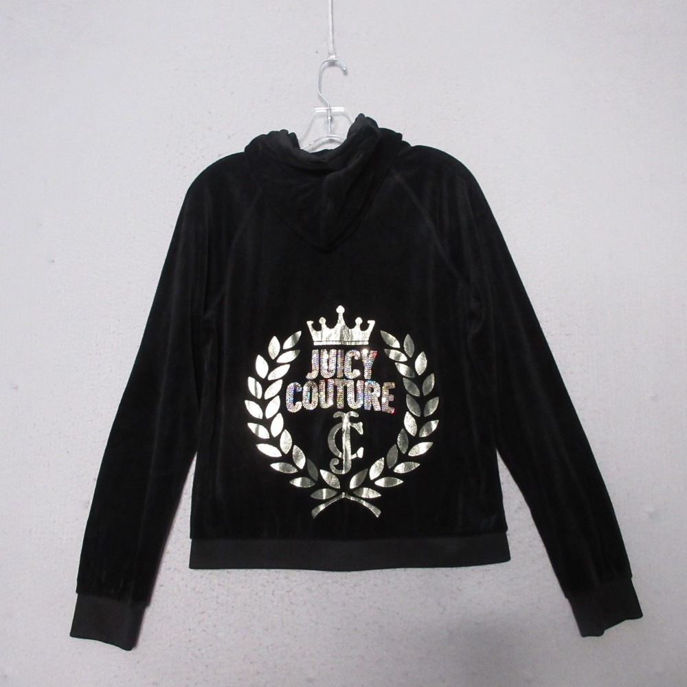 Juicy Couture Hoodie Girls Large Black Velour Y2K Bling Sparkle Comfort Lounge